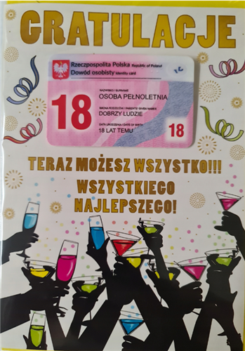 kartka na osiemnastkę kartka na 18 kartki WESOŁE 11,7 cm *16,5 cm 14998520694