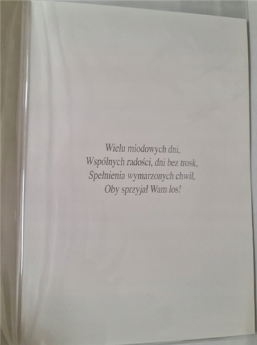 Pamiątka na ślub, kartka na ślub z życzeniami o wymiarach 11,7 x 16,5 cm