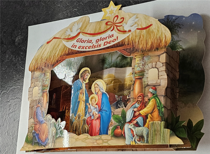 Szopka bożonarodzeniowa papierowa, mała z brokatem szerokość 23 cm a wysokość 18 cm 14278865259