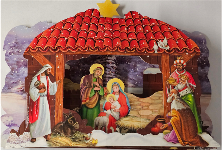 Szopka bożonarodzeniowa papierowa, mała z brokatem  szerokość 23 cm, wysokość 18 cm 14650184557