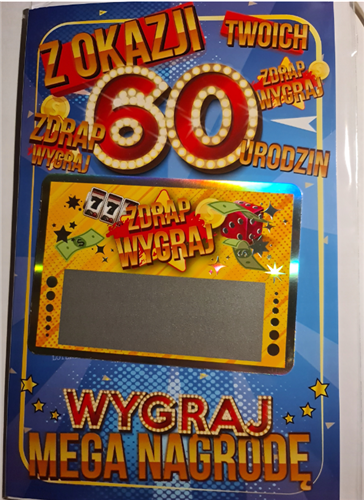 kartka urodzinowa na 60 lat z dołączoną zdrapką 13 cm *20,5 cm 11289912043