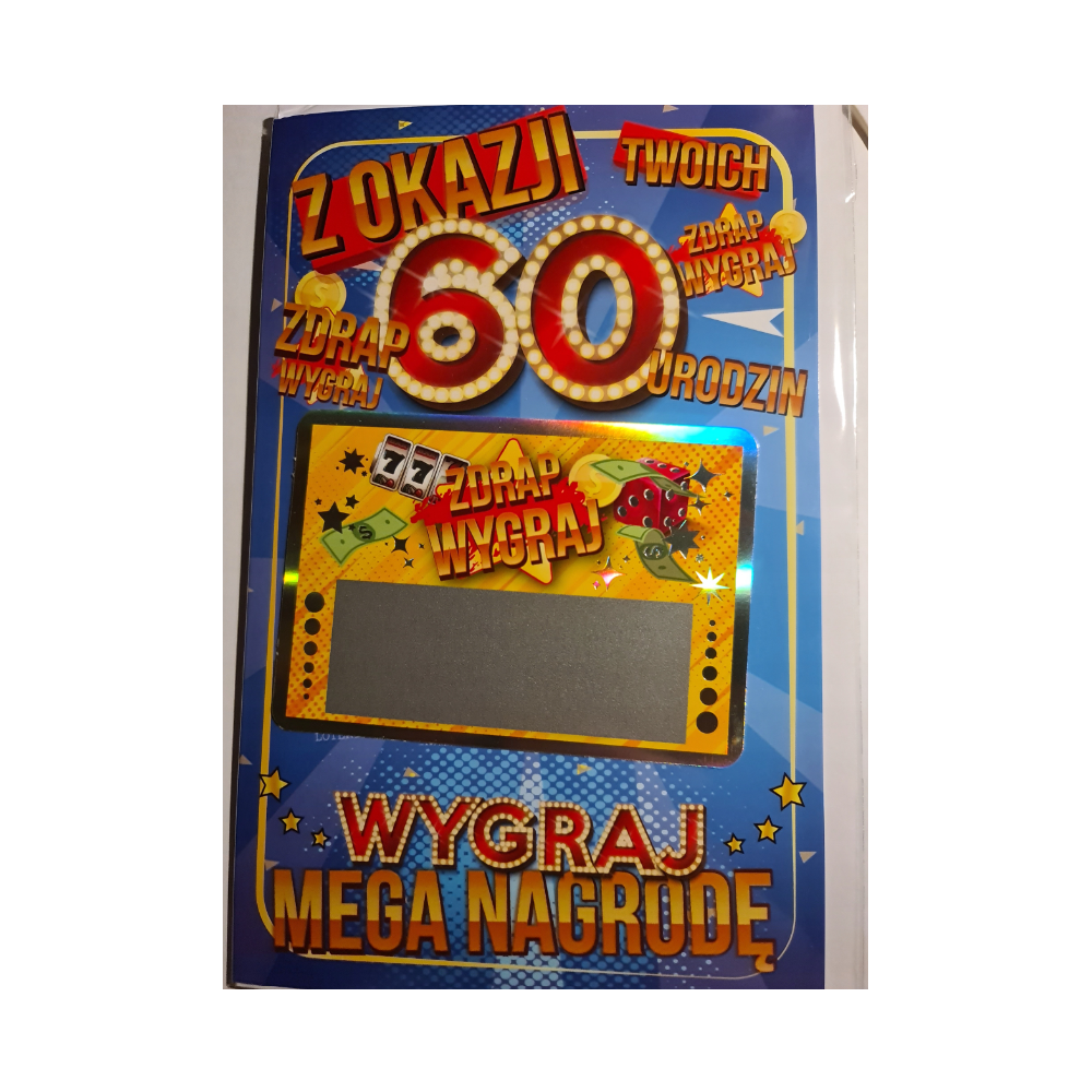kartka urodzinowa na 60 lat z dołączoną zdrapką 13 cm *20,5 cm 11289912043 kartka urodzinowa na 60 lat z dołączoną zdrapką 13 cm *20,5 cm 11289912043